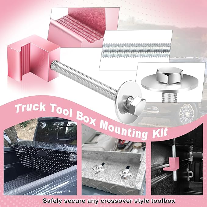 Upgraded Truck Tool Box Mounting Kit Comes with Fastening Nuts - Aluminum Pickup Truck Bed Toolbox Mounting Kit - Universal Truck Tool Box Tie Downs Accessories - J-Hooks Crossover Fixed Kit - Pink