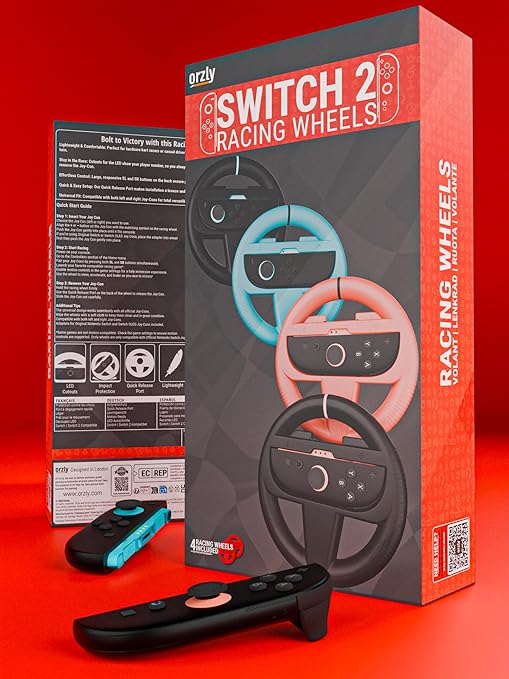 Orzly Racing Steering Wheels Compatible with Switch 2 (2025 Console) – Party [Pack of 4] Joy-Con Controller Attachments for MarioRacing Games (2 Black, 1 Blue, 1 Red) Gift Boxed