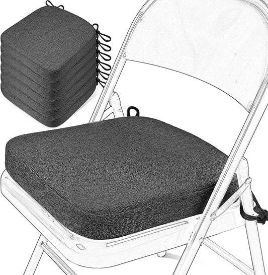 SINOSSO Memory Foam Chair Cushions for Folding Chairs 6 Pack, Thickened 2" Square Pads with Ties for Kitchen Chairs, Indoor Non-Slip Dining Chair Seat Cushions (Set of 6, Dark Grey)