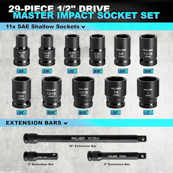 1/2" 29PCS Drive Impact Socket Set, SAE (3/8 to 1 inch) and Metric (10-24mm) Sizes with Extension Bars Standard Shallow Socket Set CR-MO Material High Torque Truck Bearing Locknut