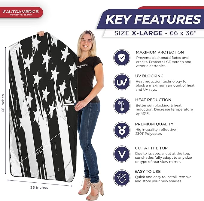 Autoamerics Truck Windshield Sun Shade with Storage Pouch & Anti-Slip Dash Pad - Foldable B&W Art USA Flag Design - Fits Most SUVs & Trucks - Block UV Rays and Keeps Vehicle Cool | XL (66 x 36 inches)