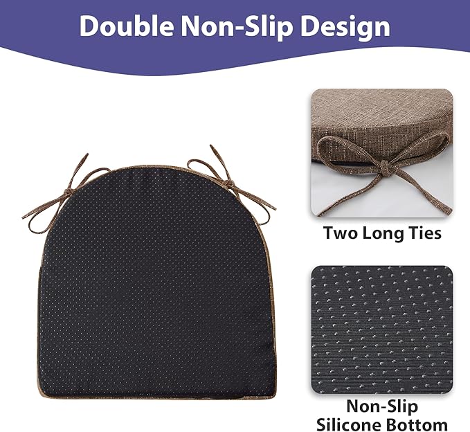 IPYNBAP Chair Cushions for Dining Chairs, Kitchen Chair Cushions, 16'' x 16'' x 2'', Non Slip Indoor Seat Cushions, Chair Pads for Dining Chairs with Ties & Removable Cover, Set of 4, Brown