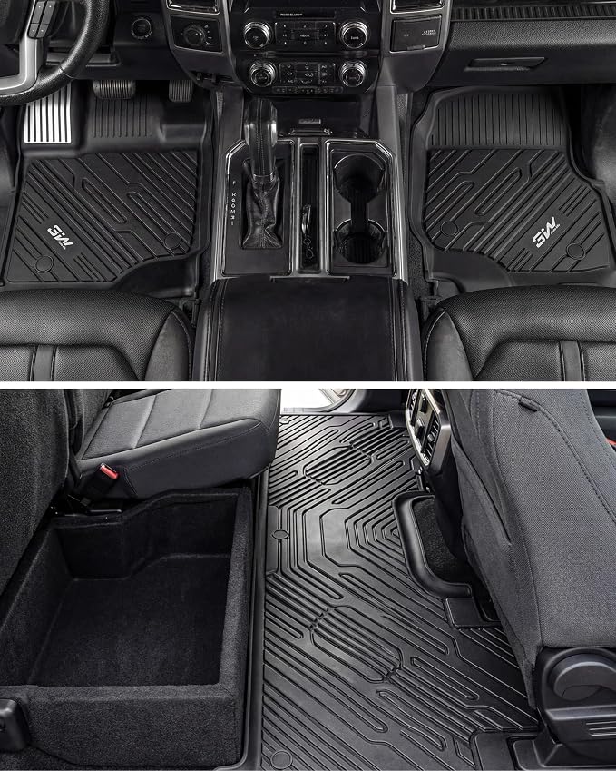 3W Floor Mats (with Metal Pedals) Fit for Ford F-150 2015-2026 & F150 Lightning 2022-2025 SuperCrew, TPE All Weather Car Mats Custom Fit Accessories (w/s Original fold Under-Seat Storage Box)