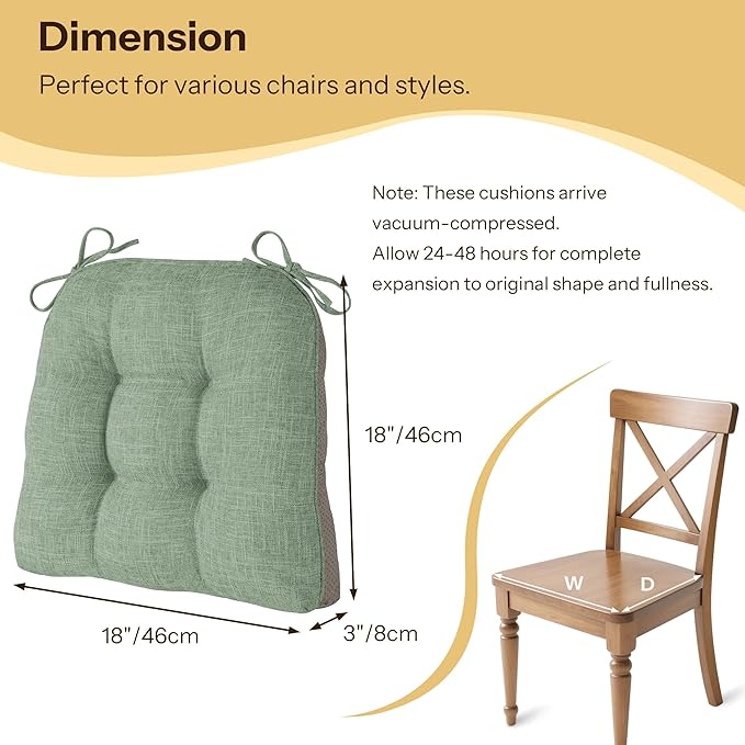 Non Slip Chair Cushions for Dining Chairs Set of 4 Kitchen Chair Cushions 18"x18"x3" Turfted Chair Pads Comfortable and Soft Seat Cushion with Ties (Sage Green)