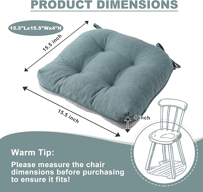 Battilo Chair Cushions Set of 2 for Dining Chairs, Seat Cushions for Kitchen Chairs with Non-Slip Backing, Indoor/Outdoor Waterproof Chair Seat Pads with Ties, 15.5"x15.5"x4", Grayish Blue