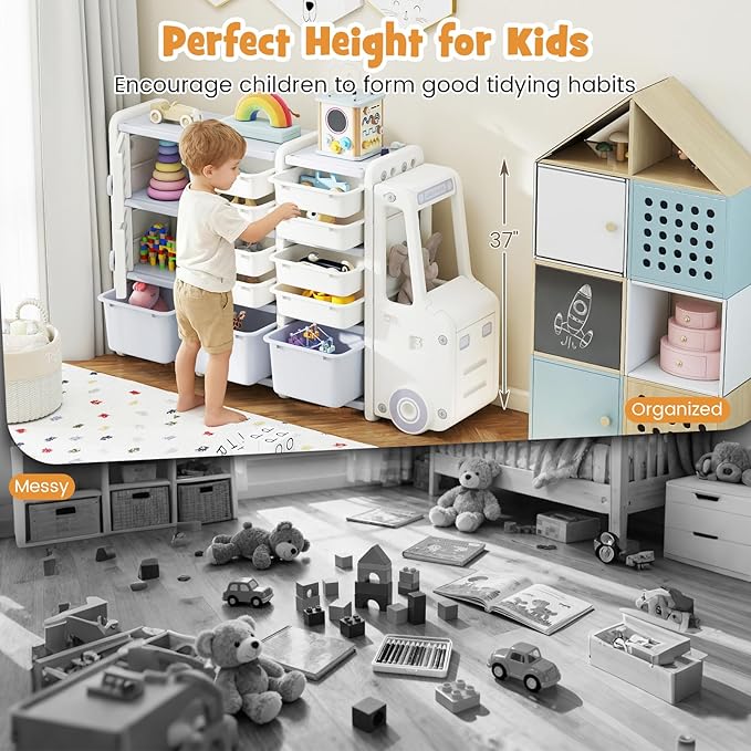Costzon Car-Shaped Toy Storage Organizer, Kids Toy Shelf w/11 Removable Bins, 2 Cabinets, Top Shelf & Cab Compartment, Toddler Bookshelf for Kids Room, Playroom, Classroom, Living Room (Car)