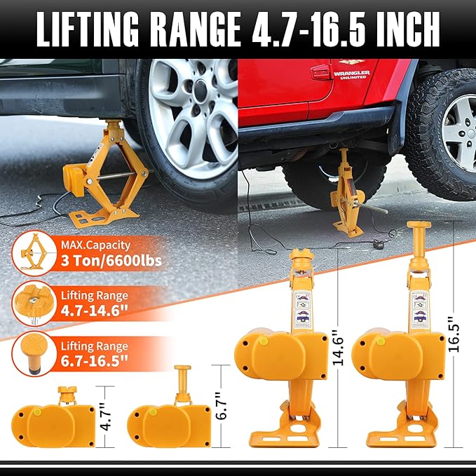 E-HEELP Electric Car Jack 3T Scissor Floor Jack Set 12V Automatic Vehicle Lift Kit with Impact Wrench & Inflator for Sedans(Lifting rang: 4.72~14.57 inch)