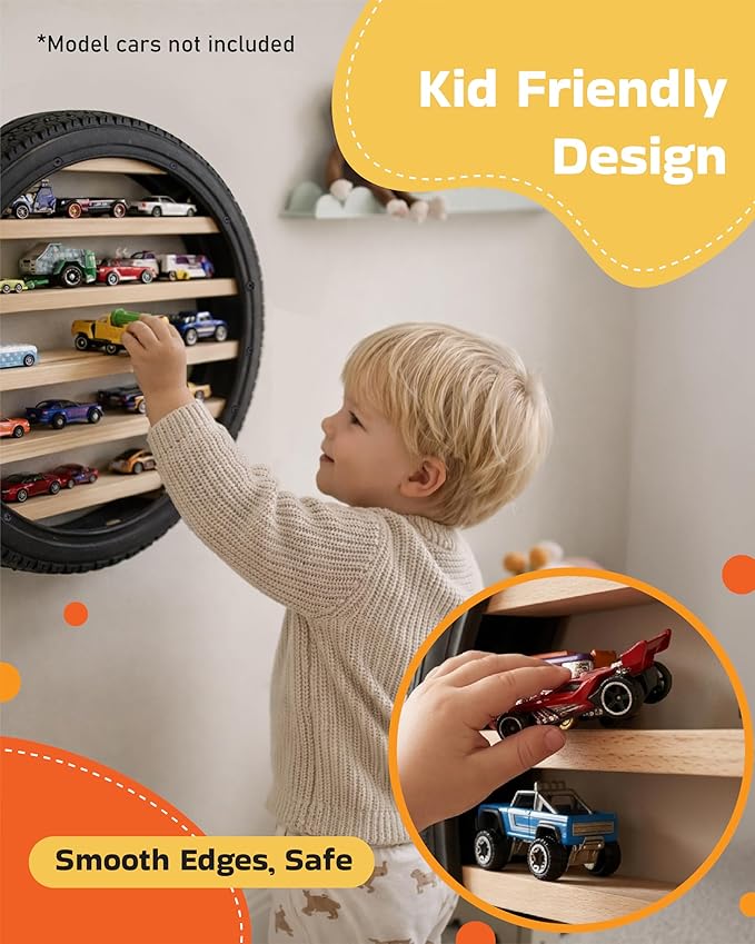 Tapeera Model Car Display Case Stand - Toy Cars Organizer Wall Display Tire Shelf Cabinet - Holds Up to 18 Diecast 1/64 Car Collectibles - Compatible with Hot Wheels Matchbox - Wheel Diameter 16 Inch