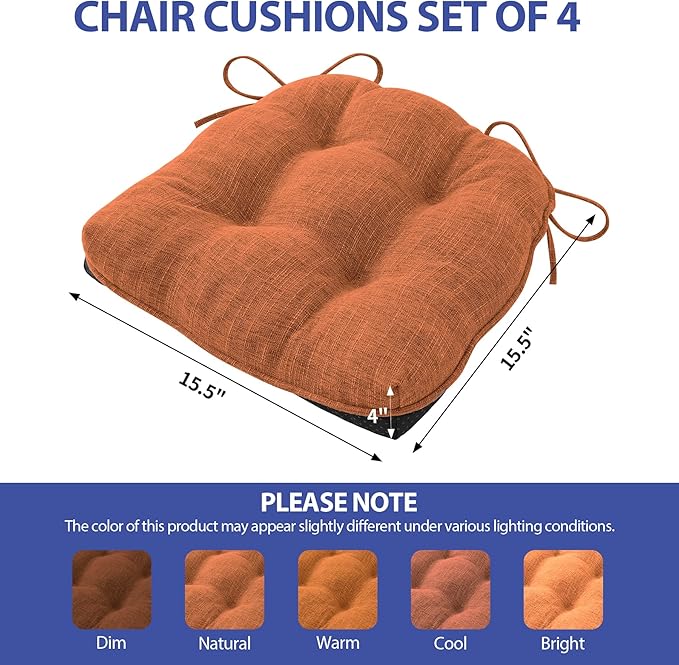 IPYNBAP Chair Cushions for Dining Chairs Set of 4, Kitchen Chair Cushions, Chair Pads with Ties and Non Slip Backing, Tufted Memory Foam Seat Cushion 4 Pack, 15.5" x 15.5" x 4", Orange