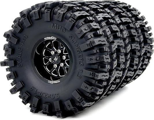 HOBBYSOUL 5.0'' Tall 1.9 Mud Slingers T8 tires & 1.9 Wheels, -10.5mm Negative Offset 1.9 Beadlock wheels and tires For 1/10 Crawler SCX10 TRX4 high Trail Upgrade, HS701547