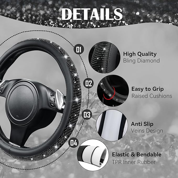 CAR PASS Bling Diamond Leather Car Seat Covers 11 PCS, Sparkly Rhinestone Steering Wheel Cover Glitter Cute Interior Car Accessories Sets Seat Belt Cushion Cup Holder Coaster Women Girl, Black Diamond