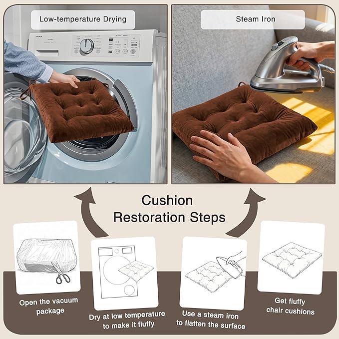 OVOV 2 Pack Chair Cushions for Dining Chairs Soft Seat Cushions for Kitchen Desk Chairs Square Chair Pads with Ties (15.5"x15.5" Coffee)