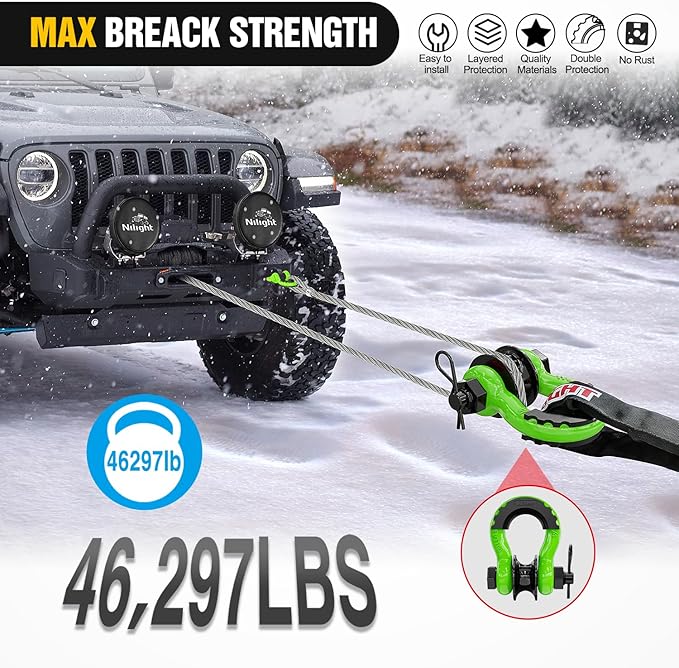 Nilight 3/4" D-Ring Shackle w/Snatch Block (2 Pack) 9,500 lb Working Load, 2-in-1 Heavy‑Duty Towing Pulley w/Isolator for Off‑Road Recovery, Winch Cable & Rope, Truck Jeep ATV UTV Tractor, Green