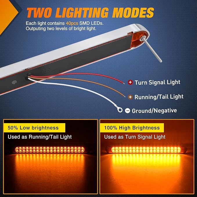 Nilight LED Tail Light 2PCS 17 Inch 40LED Amber Running Tail Turn Signals Lights w/Chrome Bezel Waterproof Surface Mount for 12V Towing Trailer Truck RV Camper Boat