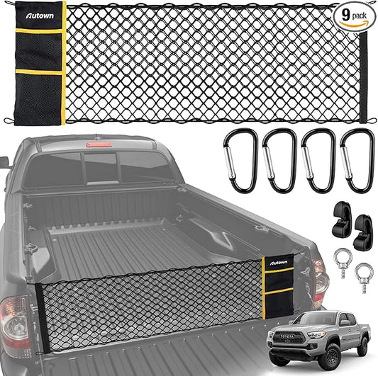 AUTOWN Truck Bed Cargo Net, Envelope Style Bed Netting for 2005-2025 Toyota Tacoma, Pickup Truck Bed Organizer with Upgraded 5mm Bungee & Integrated Storage Bag & Eyebolts & Carabiners
