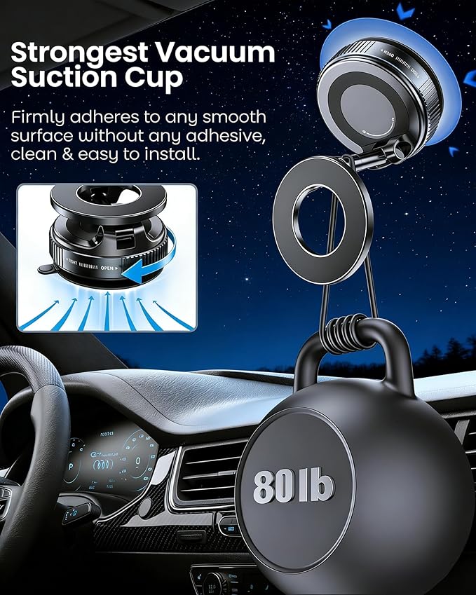 Vacuum Magnetic Car Phone Holder, 2800gf Strong Magnet 360° Rotatable Suction Cup Mount for Dashboard Windshield Rearview Mirror, Universal MagSafe Car Mount for iPhone Android, Black