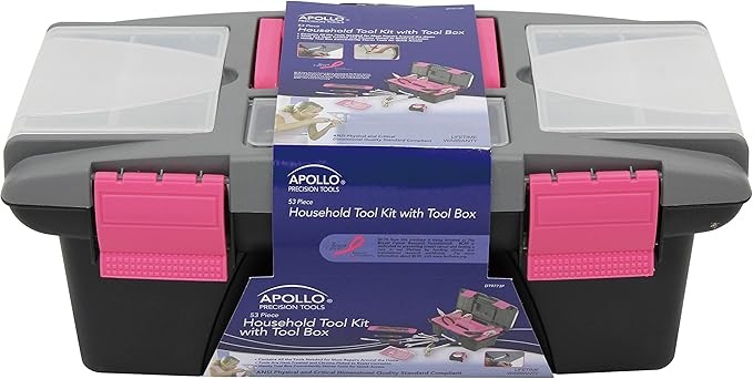 Apollo Tools 53 Piece Household Tool Set Includes Tools and Tool Box with a Selection of Most Needed Tools for Basic DIY Repairs, Maintenance and Crafts - Pink Ribbon