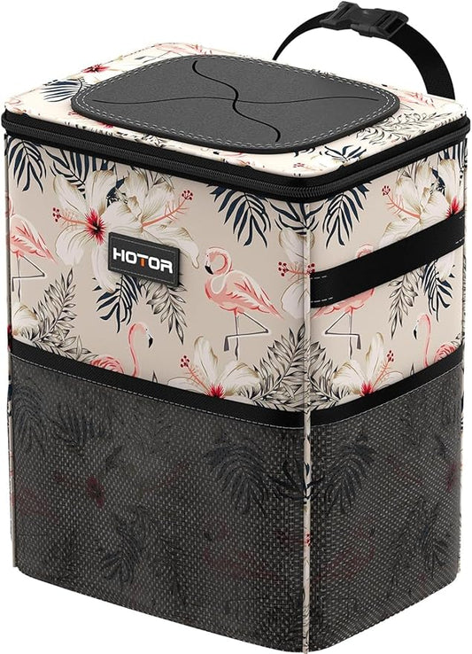 HOTOR Car Trash Can with Lid and Storage Pockets - 100% Leak-Proof Organizer, Waterproof Garbage Can, Multipurpose Trash Bin for Car, 2 Gallons, Flamingo