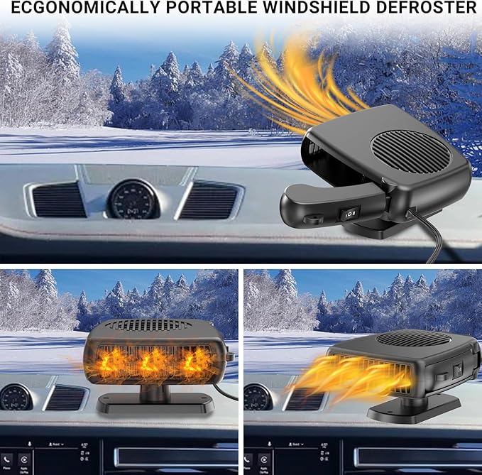 12V Car Heater, 200W Portable Windshield Defroster with Heating/Cooling Fan and Plug in Cigarette Lighter Fast Heating Defrost Defogger with Ergonomic Handheld Design for All Kinds of Cars