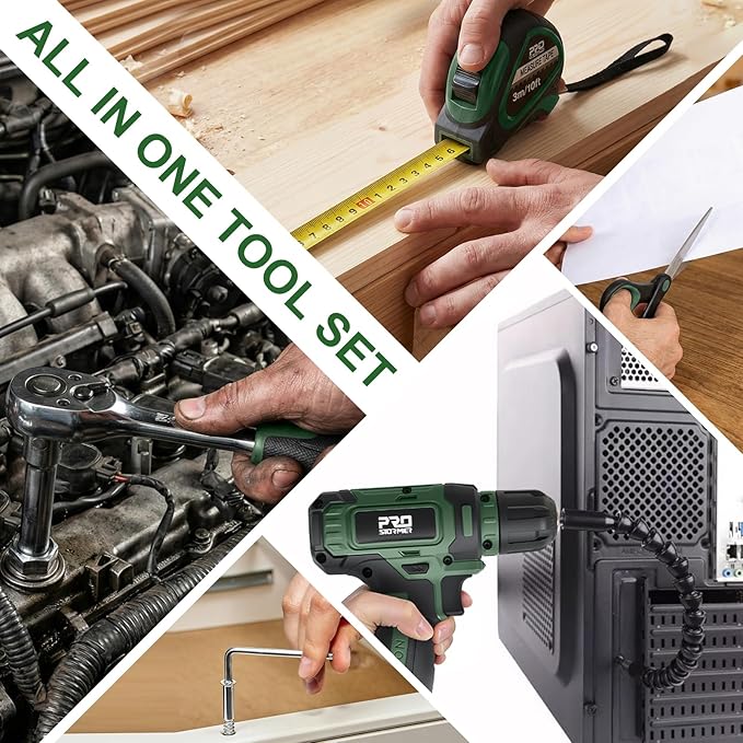 Prostormer Tool Set with 8V Cordless Drill, 369-Piece Home Tool Kit with Drill Driver, Toolbox Storage Case with Drawer, General Household Tools for Home Repairs and DIY, Handyman (Green)