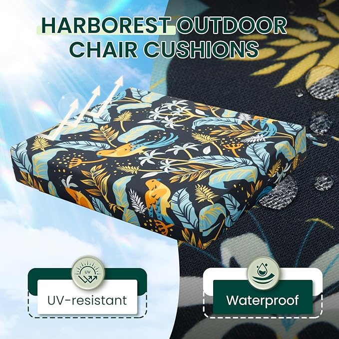 HARBOREST Outdoor Chair Cushions Set of 4, Water Resistant Patio Chair Cushions with Ties, Square Corner Outdoor Seat Cushions for Patio Furniture, 18.5"x16"x3", Philomel