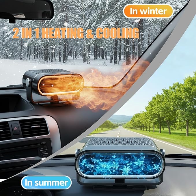 12V Portable Car Heater for Vehicle,Car Heater and Windshield Defroster and Demister Features Heating Cooling and Air Purification Functions,360° Rotating Cigarette Lighter Port Heater for Cars Black