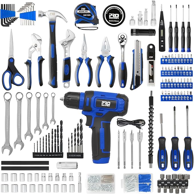 Prostormer Tool Set with 8V Cordless Drill, 369-Piece Home Tool Kit with Drill Driver, Toolbox Storage Case with Drawer, General Household Tools for Home Repairs and DIY, Handyman (Blue)