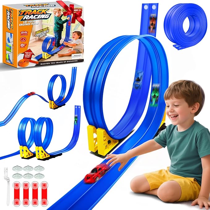 Nicmore Flexible Race Track Toy Set: 15ft DIY Bendable Ramp with Suction Cups – Portable Roll-Up Car Track for Kids Compatible with 1:64 Diecast Cars – Birthday Christmas for Boys Girls Ages 3+