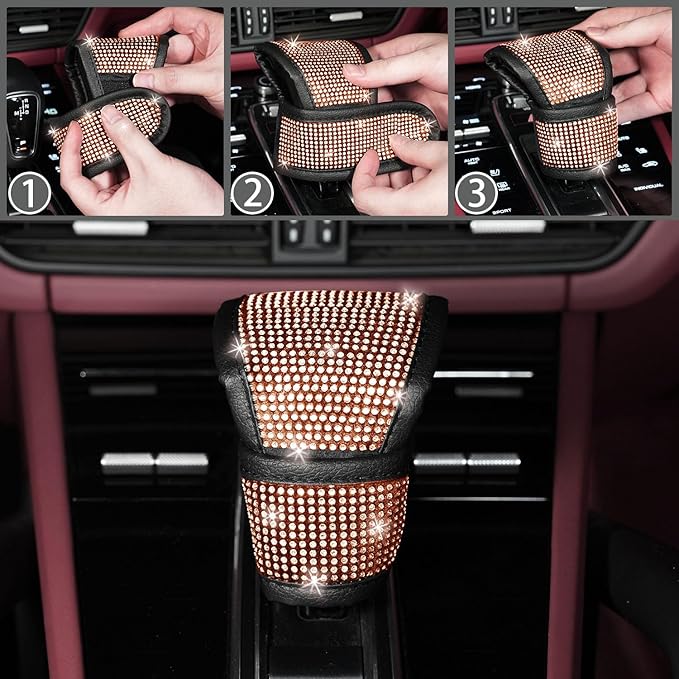 NBTEPEM 8 pcs Bling Car Accessories Set for Women, Steering Wheel Cover, Sparkly Seat Belt Covers, Bling Gear Shift Cover, Universal Fit Most Cars (Gold Champagne Diamond)