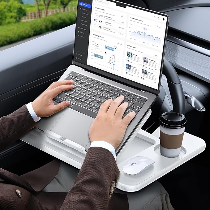 3 in1 Car Steering Wheel Tray Table for Laptop, Height Adjustable Car Table Tray for Driver, Car Food Tray with Drinks Holder,Multipurpose Travel Car Accessories for Long Road Trips-White