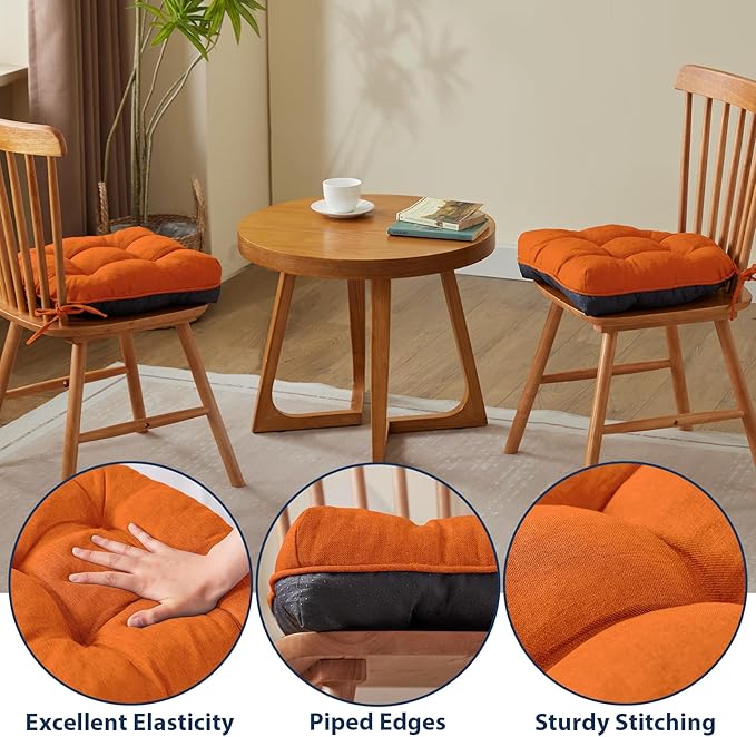 IASEAHK Chair Cushions for Dining Chairs, Seat Cushions for Kitchen Chairs, Indoor Seat Cushions with Ties, Tufted Foam Chair Pads, Non Slip Chair Cushions Set of 6, 15.5" x 15.5" x 4", Orange