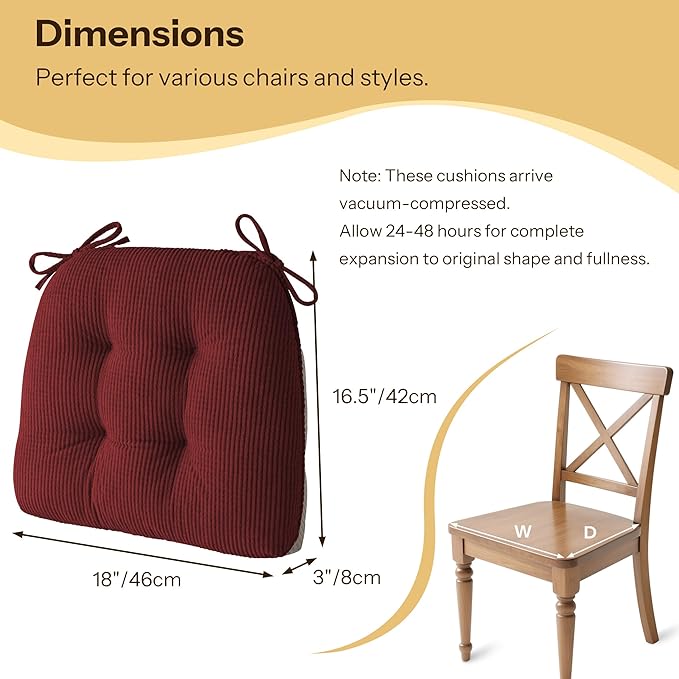 Indoor Kitchen Chair Cushions Set of 4 18"X16.5"X3" Soft Anti Slip Dining Chair Pads Tufted Kitchen Seat Cushion with Ties, Red