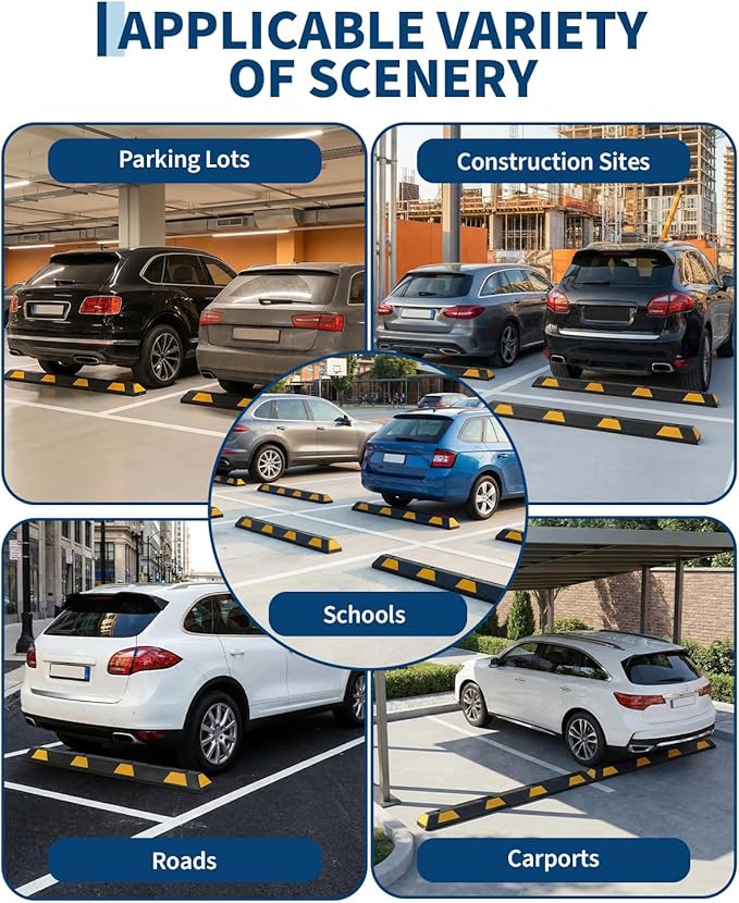 72-Inch Heavy Duty Rubber Parking Curb with Reflective Stripes, 6 ft Premium Quality Auto Wheel Stoppers for Garage, Driveway & Parking Lots