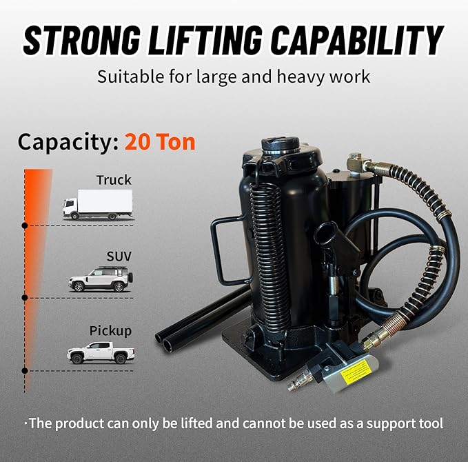 20 Ton Low Profile Air Hydraulic Bottle Jack with Air-Powered or Manual Operation, One-Piece Hydraulic Cylinder Design, Air Bottle Jack with Independent Air Pump Body and Carry Handle