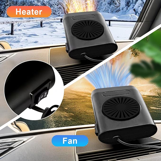 Car Heater Fan, 12V 200W Fast Heating and Cooling Fan Portable Windshield Defogger and Defroster Plug into Cigarette Lighter for Car RV SUV (Black Black)