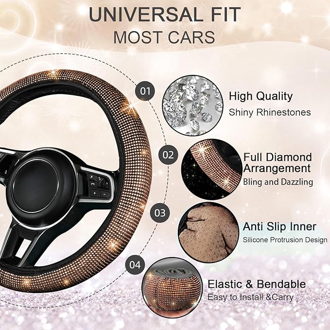 NBTEPEM 8 pcs Bling Car Accessories Set for Women, Steering Wheel Cover, Sparkly Seat Belt Covers, Bling Gear Shift Cover, Universal Fit Most Cars (Gold Champagne Diamond)
