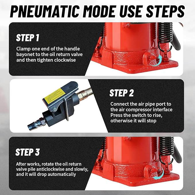 20 Ton Air Hydraulic Bottle Jack with Air-Powered or Manual Operation, One-Piece Hydraulic Cylinder Design, Air Bottle Jack with Carry Handle for Pickup Trucks, Commercial Vehicles, and Farm Equipment