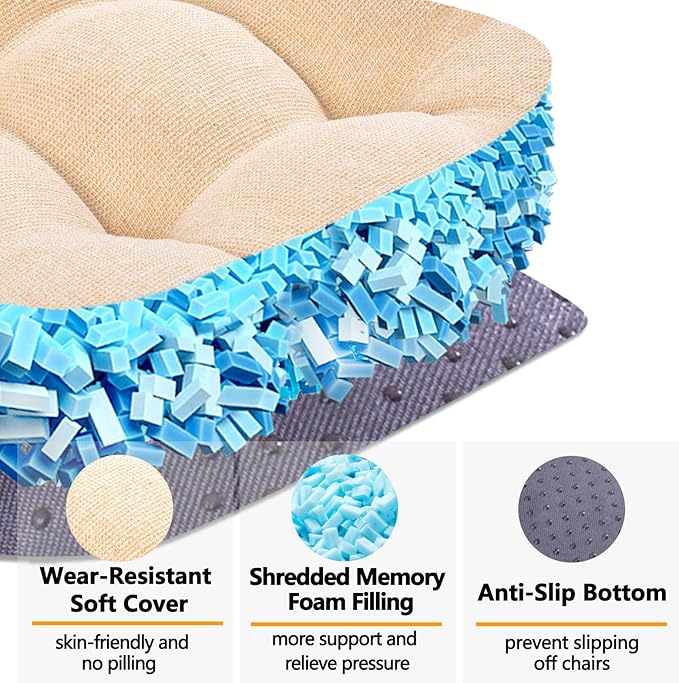 MAGIC ELEPHANT Chair Cushions for Dining Chair, Shredded Memory Foam Kitchen Chair Cushions Set of 4, Non-Slip Thick Dinning Room Chair Pads Seat Cushions, 15.5" x 15.5" x 4" (Beige)