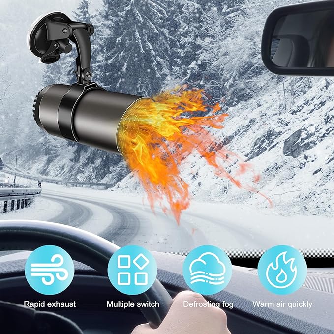 Car Heater, Portable Car Heater 12V 150W Plug-in Cigarette Lighter Car Heaters, 2 in 1 Heating & Cooling, Car Windshield Defroster Demister with Brackets, Fast Heating Defogger
