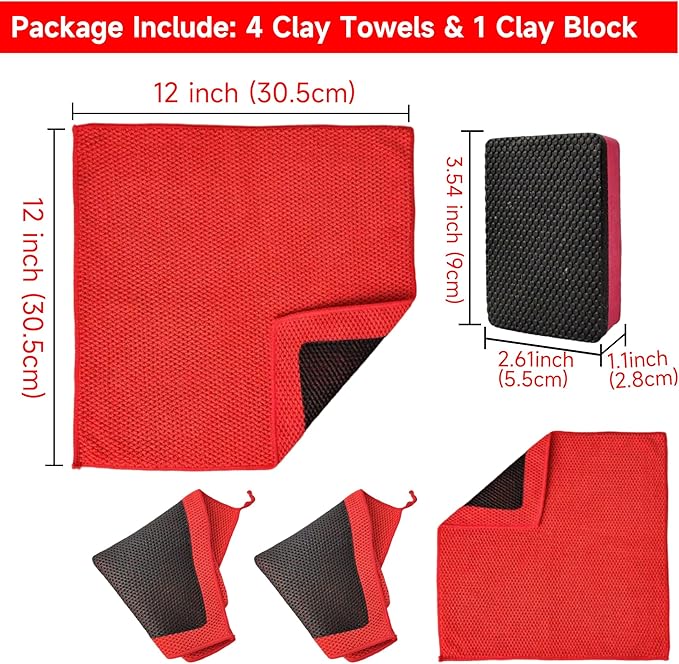 Upgrade Clay Towels and Pad Set 5PCS - Perforated Synthetic Decontamination Towel for Car Detailing, Cleaning & Release of Paint Contaminants, 4pcs Clay Bar Towels 12x12 Red, & 1pcs Red Pad