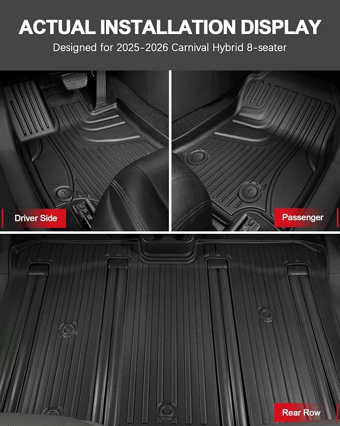 11 PCS Floor Mats for 2025 2026 Kia Carnival Hybrid 8-Seater (Not for Gas) - All Weather TPE Floor Liners Cargo Liner with Backrest Mats Carnival Accessories Custom Fit Trunk Mats Full Set, Black