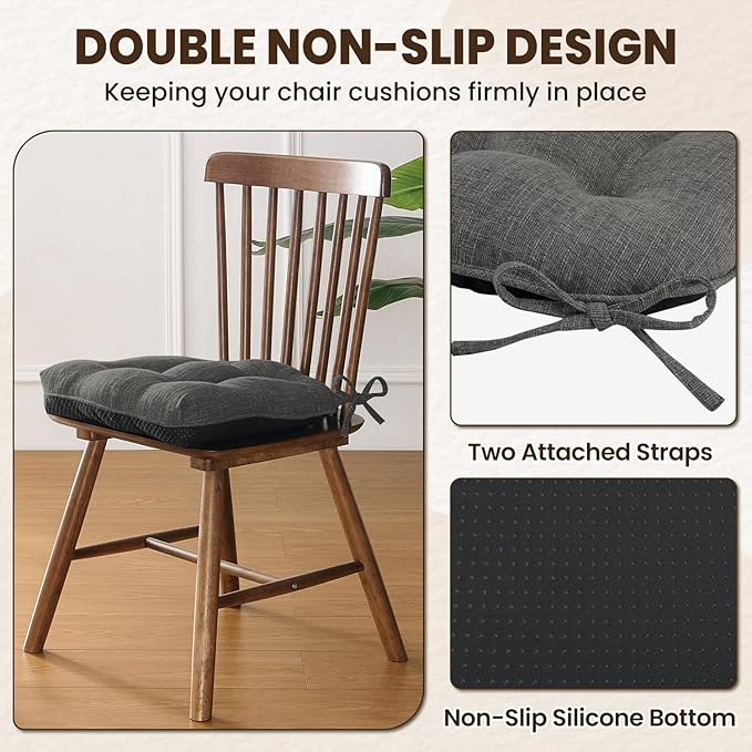 downluxe Indoor Chair Cushions for Dining Chairs, Tufted Overstuffed Textured Kitchen Chair Pads with Ties and Non-Slip Backing, 16.5" x 16.5" x 4", Dark Grey, 4 Pack