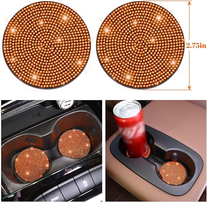 Steering Wheel Cover Set 15 inch,7 Pack Crystal Rhinestone Diamond Orange Bling Car Accessories,Seat Belt Cushion,Bling Shift Knob Cover,Puch to Start Ring,Car Cup Coaster,Orange