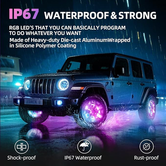 Tavaray 4PCS 17" Double Sided RGB LED Wheel Ring Lights with APP & Remote Control, 178+DIY Dynamic Modes w/Turn Signal Braking and Reverse Function Wheel Lights for Trucks Pickups Cars Offroad