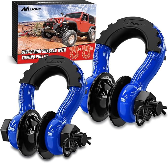 Nilight 3/4" D-Ring Shackle w/Snatch Block (2 Pack) 9,500 lb Working Load, 2-in-1 Heavy‑Duty Towing Pulley w/Isolator for Off‑Road Recovery, Winch Cable & Rope, Truck Jeep ATV UTV Tractor, Blue