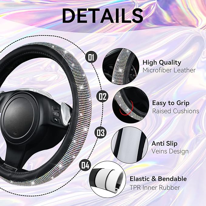 CAR PASS 11 PCS Bling Diamond Car Accessories for Women, Sparkly Rhinestone Steering Wheel Cover Bling Seat Belt Cushion, Glitter Shift Knob Cover Car Cup Holder Coaster, Cute Interior Sets Multicolor