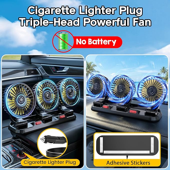 Portable 3-Head Car Cooling Fan, Fans for Vehicles Cars Trucks Dashboard (Cigarette Lighter Plug, No Battery)
