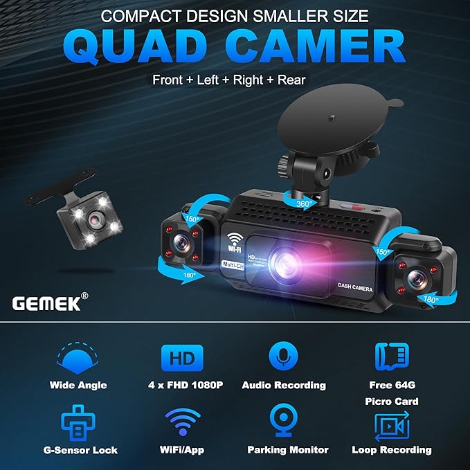 4 Channel Dash Cam 360° View 5G WiFi & APP Control, GEMEK 2K Front and Rear Inside, Left Right Dash Camera for Cars Free 64GB TF Card, G-Sensor, Night Vision, 24H Parking Mode