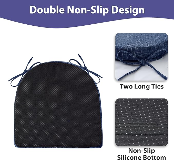 IPYNBAP Chair Cushions for Dining Chairs, Kitchen Chair Cushions, 16'' x 16'' x 2'', Non Slip Indoor Seat Cushions, Chair Pads for Dining Chairs with Ties & Removable Cover, Set of 6, Navy