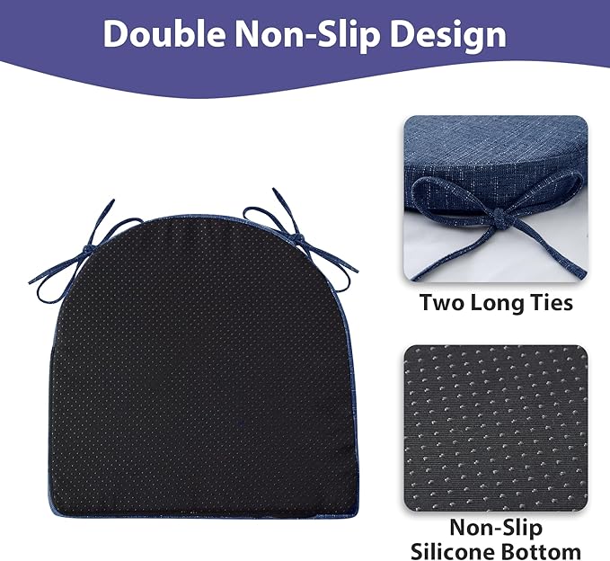 IPYNBAP Chair Cushions for Dining Chairs, Kitchen Chair Cushions, 16'' x 16'' x 2'', Non Slip Indoor Seat Cushions, Chair Pads for Dining Chairs with Ties & Removable Cover, Set of 2, Navy